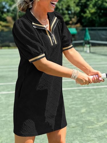 Fisoew Womens Summer Puff Short Sleeve Mini Dress with Quarter Zip V-Neck - Black Small
