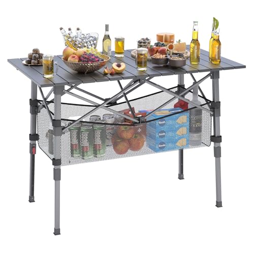 ARMOR CASTLE Adjustable Height Portable Camping Table with Storage Basket - Black, 37" Medium