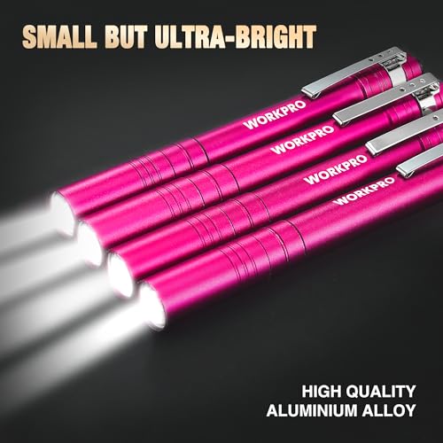 Pink WORKPRO LED Pen Light - Aluminum Pocket Flashlight with Clip, Super Bright & Lightweight