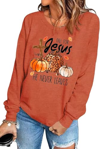 Fall for Jesus He Never Leaves Sweatshirt Women’s Thanksgiving Graphic Pullover, Orange, Medium