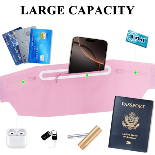 Waterproof Fanny Pack with 3 Pockets - Adjustable Waist Pack for Running - Light Pink