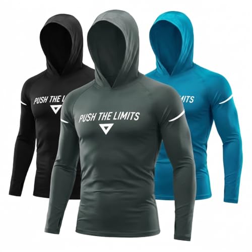 Large Men's UPF 50+ Long Sleeve Sun Shirt 3-Pack - UV Hoodie for Summer Fishing & Workout
