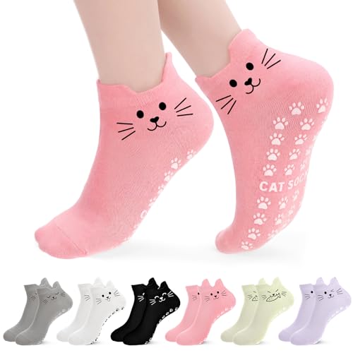 Cute Non-Slip Cat Pilates Ankle Socks for Women - 6 Pairs, One Size