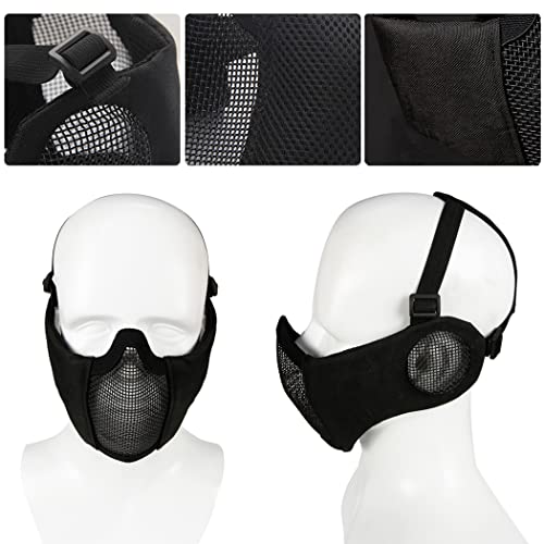 Airsoft Mask with Goggles - Foldable Half Face Mesh with Ear Protection - Black (2pcs)