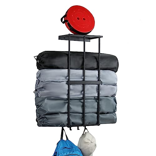 Camping Chair Rack for Garage Storage, Metal Camping Beach Chair Umbrella Holder Wall Mounted Rack Organizer Floating Shelf with 4 Hooks for Garage Organization