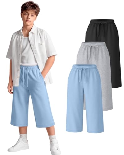 Boys Capri Sweatpants 3 Pack - Black, Light Gray, Blue, 9-10 Y