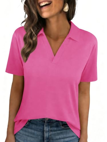 UNCLECAT Womens Polo Shirt Rose Red X-Large V-Neck Short Sleeve Blouse