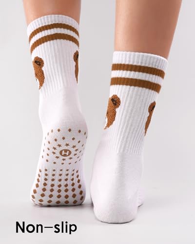 Women's Non-Slip Pilates Grip Socks - Yoga Barre Crew Socks - Bear1