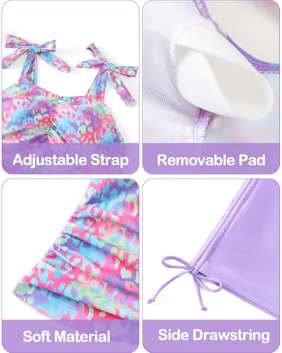 Girls Tie-Strap Tankini Swimsuit with Drawstring - 13-14 Years Purple
