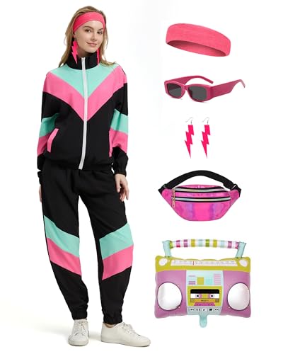 Women’s 80s Retro Tracksuit Set - Black Windbreaker & Sweatpants, Large