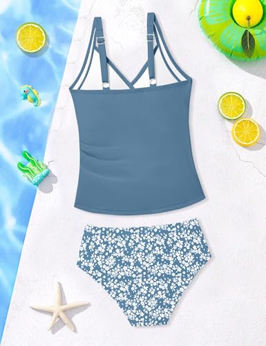 Girls Tankini Swimsuit - Twist V Neck, Ruched, Blue Floral, 15-16 Years
