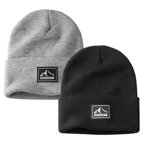 Knit Cuffed Beanie - Warm Winter Skull Cap for Men and Women - Black+Light Gray