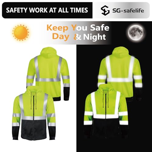 High Visibility Hoodie for Men, Class 3 Reflective Zippered Hoodie Sweatshirt, Construction Work Safety Jacket