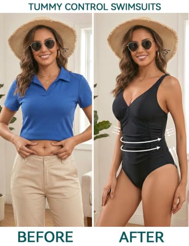 Women's High Waisted Tummy Control One-Piece Swimsuit Black XL | HUICHANG