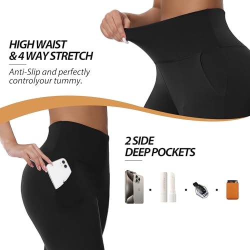 FULLSOFT 2 Pack Women's High Waist Knee-Length Capri Leggings with Pockets - Size Large-X-Large, Black/Navy Blue