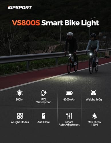 iGPSPORT VS800S 800 Lumen Smart Bike Light - 140m Beam, 220°, 4000mAh USB-C Rechargeable