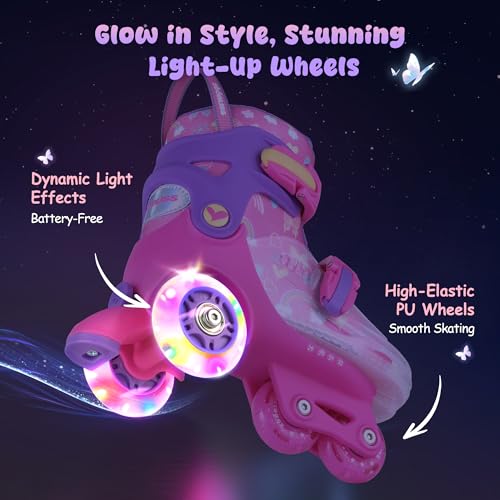 ZOOBLISS Butterfly Pink Kids Adjustable Light-Up Roller Skates (S-small, 11c-1y US) 4 Sizes