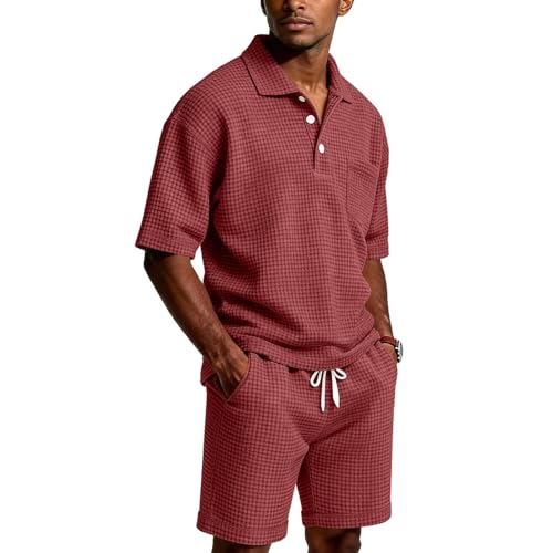Men's Waffle Knit Polo Shirt and Shorts Set - Watermelon Red, 4X-Large