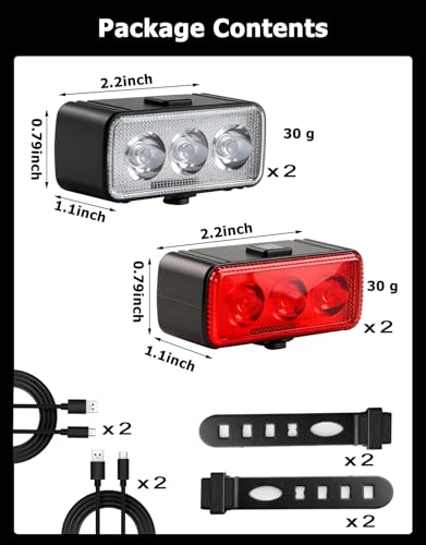 RUTVEING Rechargeable LED Bike Light Kit - 2 Front Headlights & 2 Rear Taillights, Waterproof, 5-7 Mode Cycling Safety Set