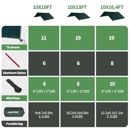 JAICOM Green Waterproof Camping Tarp 10x13ft Ultralight Rain Fly for Hammocks & Outdoor Shelter