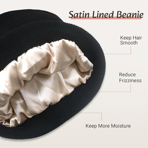 Satin Lined Beanie for Women - Warm Winter Hat, Black