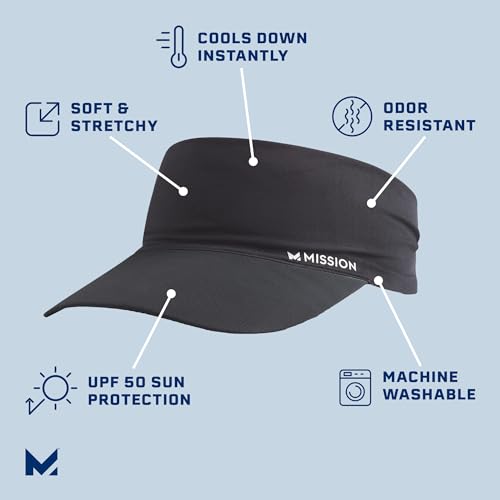 MISSION Black Cooling Stretchy Visor - Unisex Sun Hat with No Slip Band, UPF 50 UV Protection