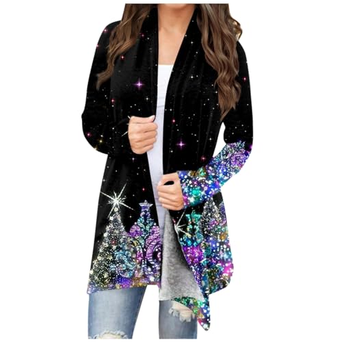 Plus Size Ugly Christmas Cardigan for Women - Long Sleeve, Open Front, Black, XX-Large