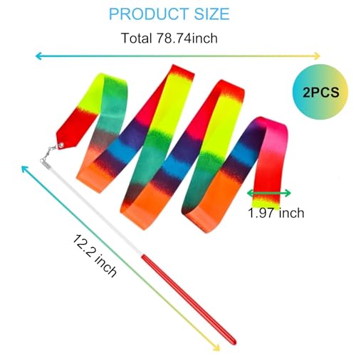 2 Pcs Rhythmic Gymnastics Dance Ribbons - 78.7 Inch Rainbow Streamers