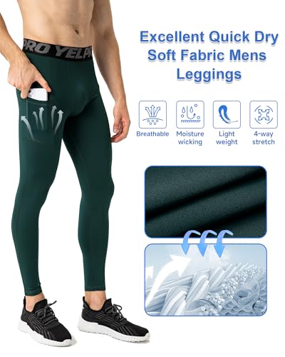 Men's Compression Pants - Cool Dry Sports Leggings with Phone Pocket - Dark Green, Small