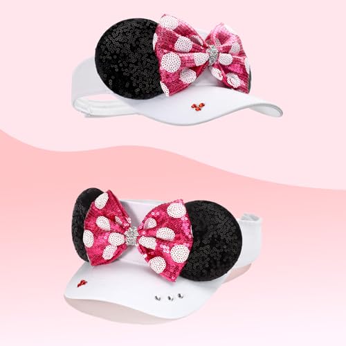 GRAWILLE Sequin Mouse Ears Visor Hat for Women Adjustable Sun Cap - White/Pink
