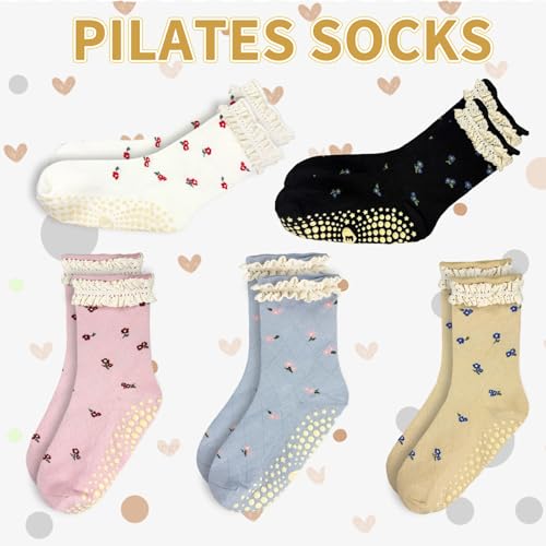 Non-Slip Pilates Grip Socks for Women - Floral Ruffle - Black/White/Khaki