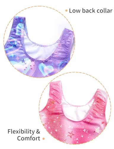 Girls Gymnastics Leotard - 2 Pack Sparkly Sleeveless Unitards - 5-6 Years Purple Heart & Pink B