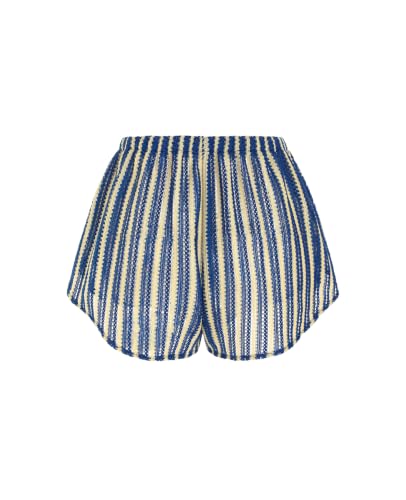 ZAFUL Women's Crochet Cover Up Shorts Medium Blue Striped High Waisted Beach Swim Bottom