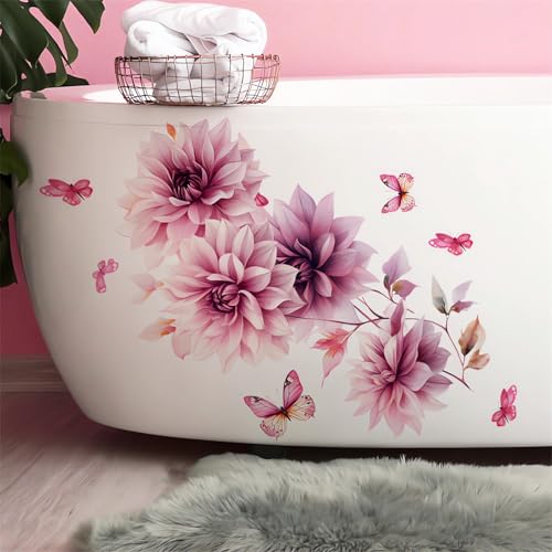 Pink Dahlia Flower Butterfly Wall Stickers, Daisy Peony Floral Art Wall Decals Removable Vinyl Peel and Stick Bathroom Living Room Bedroom Furniture Door Home Decorations