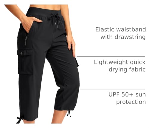 Lightweight Women's Cargo Capris Pants - 6 Pockets, Quick Dry, Large Black