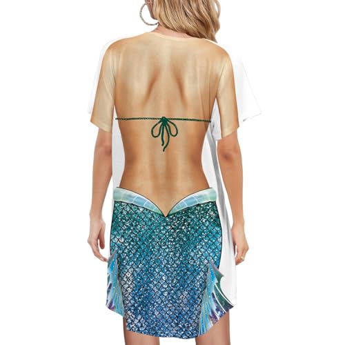 Kasopp Oceanic Scales Mermaid Beach Cover Up Shirt - Women's Funny Baggy Swim Dress (Medium)