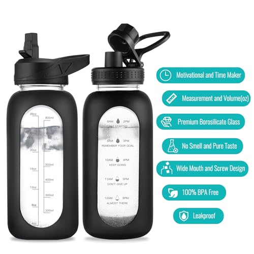 EALGRO 32 oz Glass Water Bottle with Straw (Black) – Large 2-Lid Hydration Jar