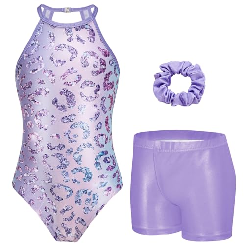 Zaclotre Girls Gymnastics Leotard with Clasp Back & Tumbling Shorts - 6-7 Years, Purple Leopard