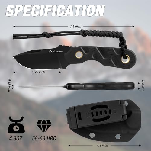 FLISSA 7-inch Full Tang Fixed Blade Survival Knife with Kydex Sheath & Emergency Rope