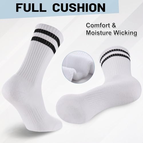 Ultrafun X-Large White Striped Crew Socks - Cotton Cushioned Athletic Sports Socks for Men Women Teens
