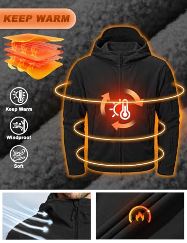 Men's Black Large Tactical Fleece Hoodie Jacket - Warm Winter Outdoor Coat