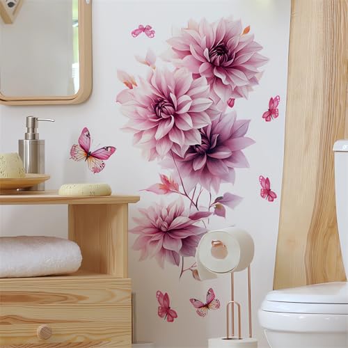 Pink Dahlia Flower Butterfly Wall Stickers, Daisy Peony Floral Art Wall Decals Removable Vinyl Peel and Stick Bathroom Living Room Bedroom Furniture Door Home Decorations