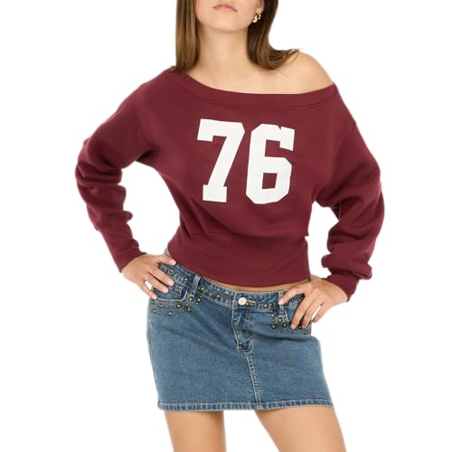Forever 21 Women's Large Maroon Off-Shoulder Fleece Sweatshirt with Graphic