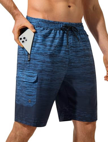 SILKWORLD Men's 9" Quick Dry Swim Trunks with Mesh Liner X-Large Gradient-Stripe-Blue