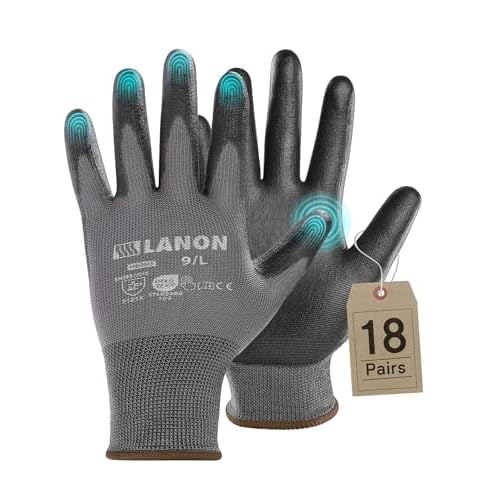 LANON 18 Pairs Safety Work Gloves, Mechanic Working Gloves for Men,Breathable PU Coated, Seamless Knit,Double Wash, Grey, Large