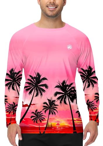 Mens Long Sleeve Swim Shirt - Quick Dry Sun Protection Rash Guard - X-Large Palm Pink