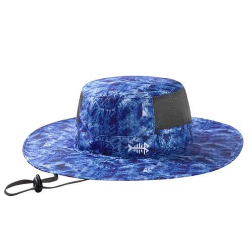 BASSDASH UPF 50+ Water-Resistant Wide Brim Bucket Hat for Fishing, Hiking & Camping - Blue Camo, Large