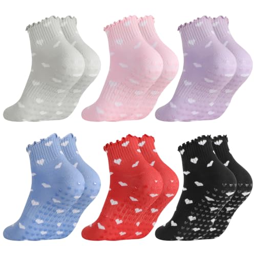 Polka Dot Pilates Socks with Grips - 6 Pairs, Multiple Colors