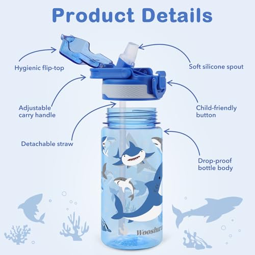 16 oz Kids Water Bottle with Straw - Shark Design