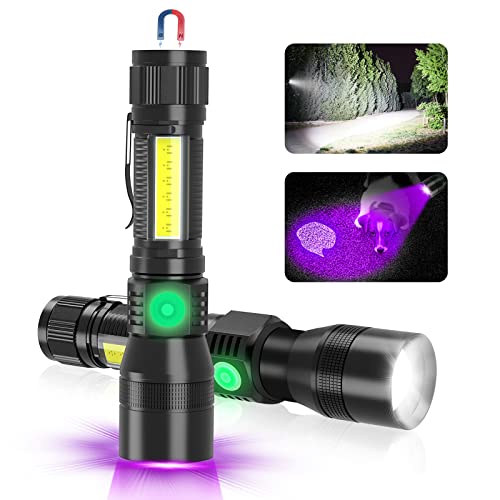 UV Rechargeable Flashlights Tactical,1000 High Lumens 3 in 1 LED Black Light Flashlight -Magnetic Base/Sidelight/Zoomable, Bright Pocket Flash Light for Stains Detection Camping Emergency,2PCS